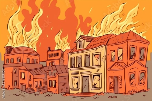 Cartoon illustration of burning buildings and architecture. Generative AI