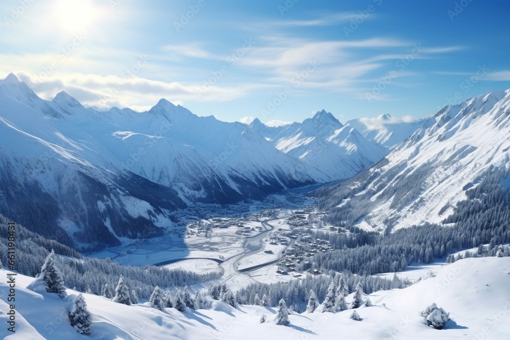 Snowy mountains in winter, ski resort in background. Generative AI