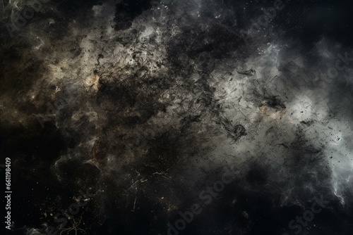 An abstract composition of film noise  scattered dust  and scratches over a black texture. Generative AI