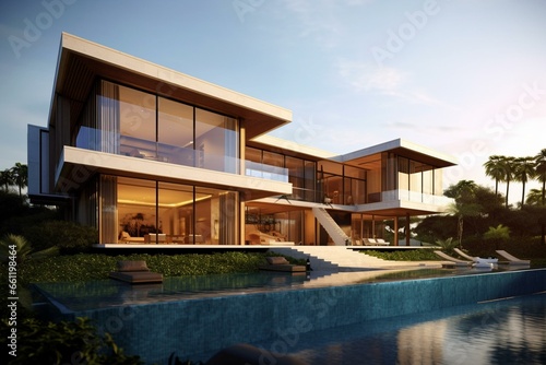 Contemporary villa's exterior showcasing sleek architecture and an infinity pool. Generative AI © Persephone