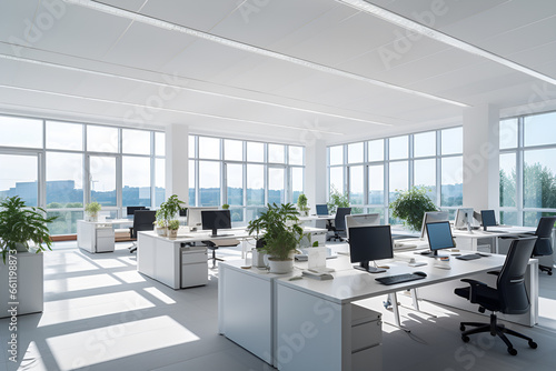 Interior of a bright office with large windows, work desks and computers © ART_ist