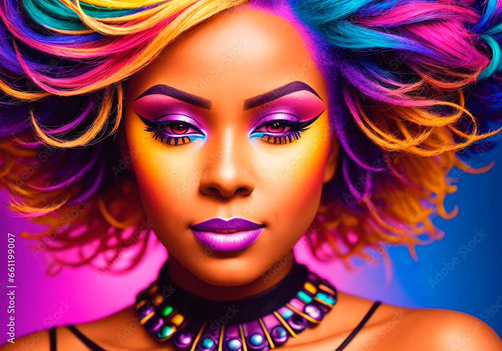 Portrait of a beautiful African American woman with bright makeup and colorful hair