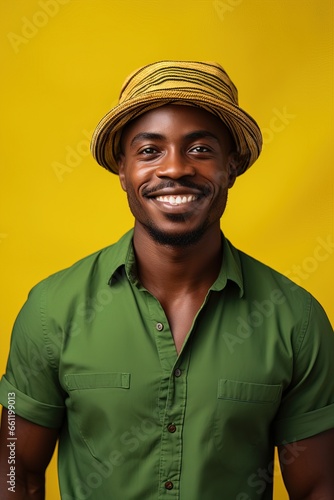 Confident Black Man over a Simple Background with a Big Smile in his Face. Handsome. Tropical Colors: Yellow and Green creating Contrast. 