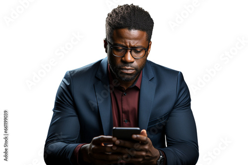 Black man looking at his phone with a serious expression, isolated image