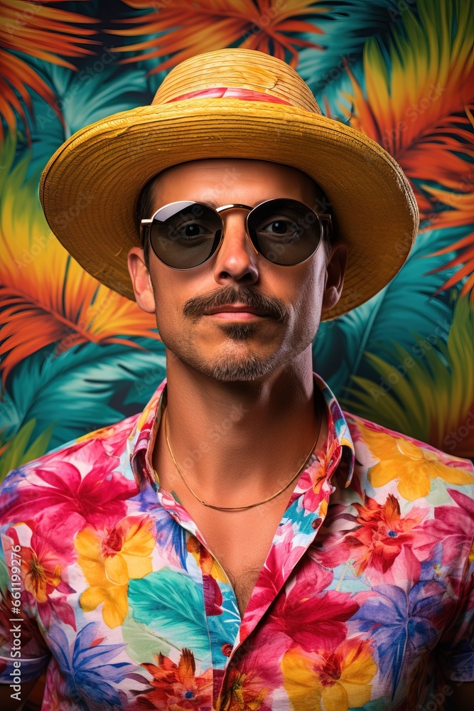 Funny Male Model wearing a Colorful Tropical Tourist Outfit. Simple Hat with Sunglasses and a Colorful Shirt over a Simple Background.