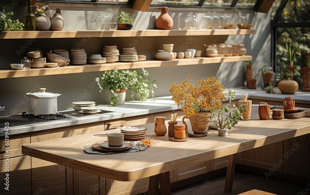 Bright sunlight Modern Style kitchen with wooden furniture