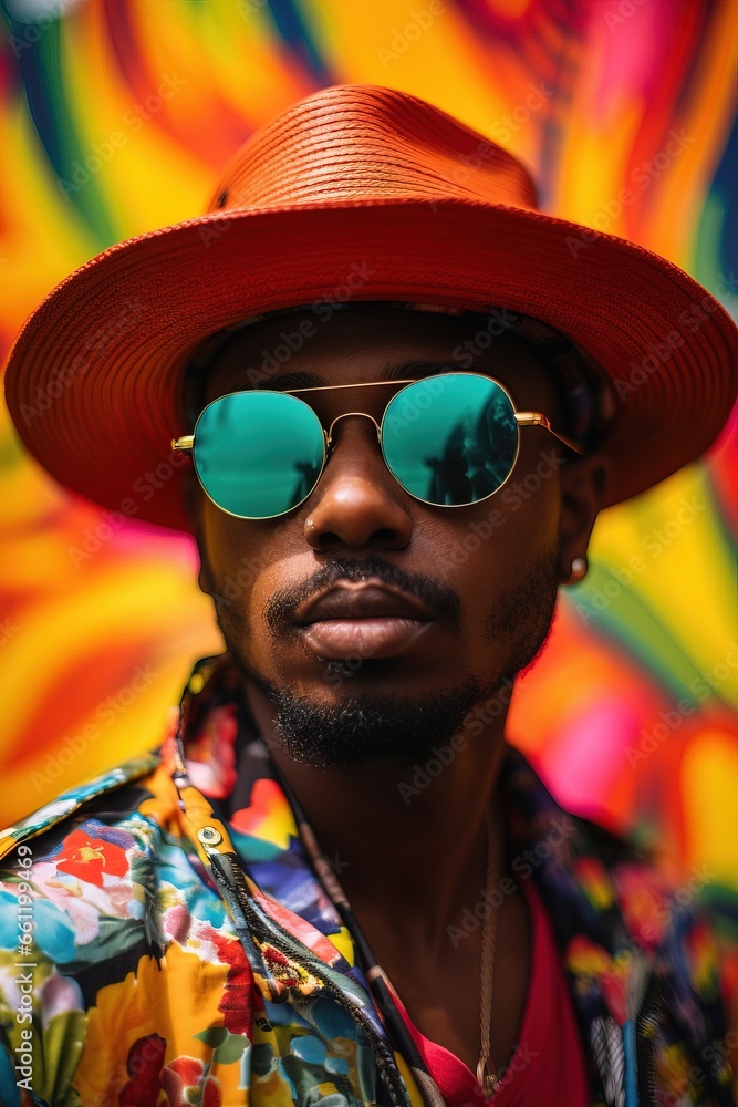 Funny Black Model wearing a Colorful Tropical Tourist Outfit. Simple Hat with Sunglasses and a Colorful Shirt over a Simple Background. Funny Black Model wearing a Colorful Tropical Tourist Outfit. Simple Hat with Sunglasses and a Colorful Shirt over a Simple Background.