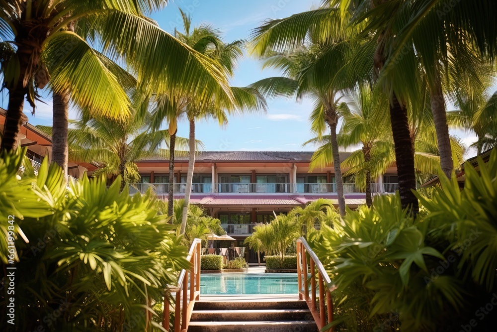 Amazing Tropical Hotel seen from Outside. Exterior Design of a Exotic 5 Star Resort with Pool and Palms. Summer Vacation Idea.