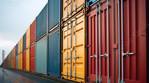 Many shipping containers at a shipping port, colored shipping containers for maritime shipping of goods. 