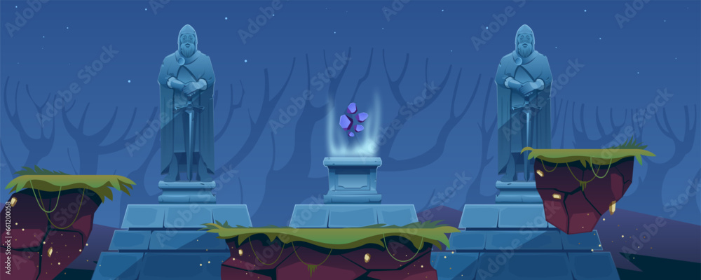 Obraz premium Medieval statue of a knight with a sword, stone pedestal with magic crystals. Game level with platforms, game background. Statues of ancient warriors on a stone pedestal. Vector cartoon illustration.