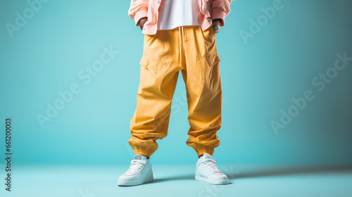 Close-up of legs in baggy street style jeans isolated on flat pastel background with copy space, cropped image. Creative concept of street style youth clothing. Pink blue colors banner. 