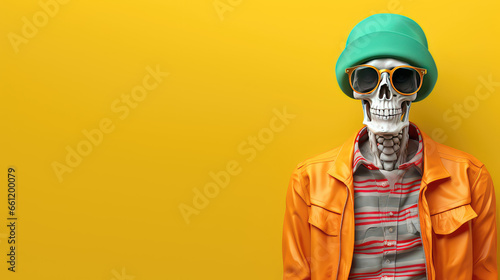 Skeleton in stylish fashion clothing isolated on flat yellow background with copy space, halloween clothing store promotion banner template.  © SnowElf