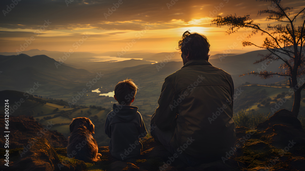 father with his son on the top of the mountain next to his pet looking at the sunset - education and life lessons concept