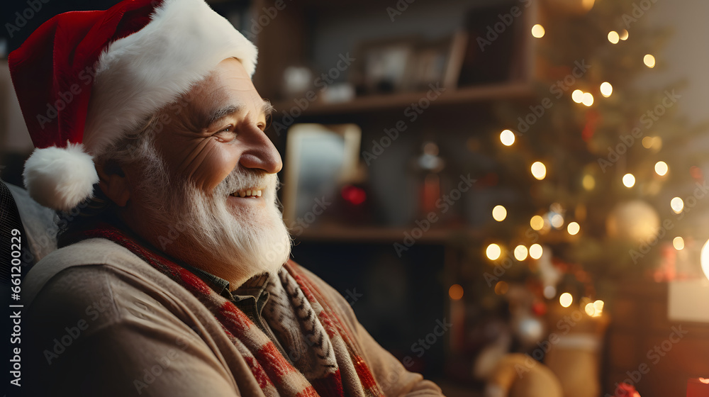 grandfather happy and smiling in his living room enjoying the magic of Christmas grandfather happy and smiling in his living room enjoying the magic of Christmas
