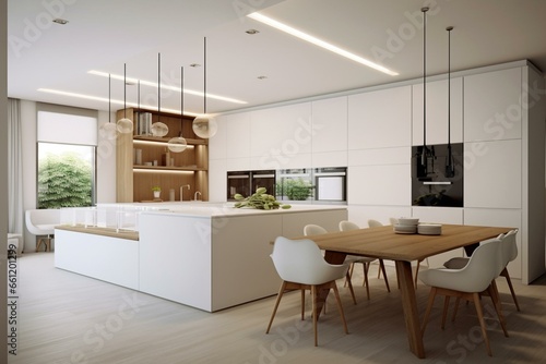 Matte white kitchen with wooden island table, cabinet wall, handleless and glass partition. Generative AI