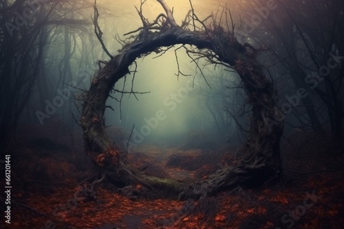 Dark autumn forest with gloomy atmosphere, eerie round branch arch as entrance to a foggy horror scene. Generative AI photo