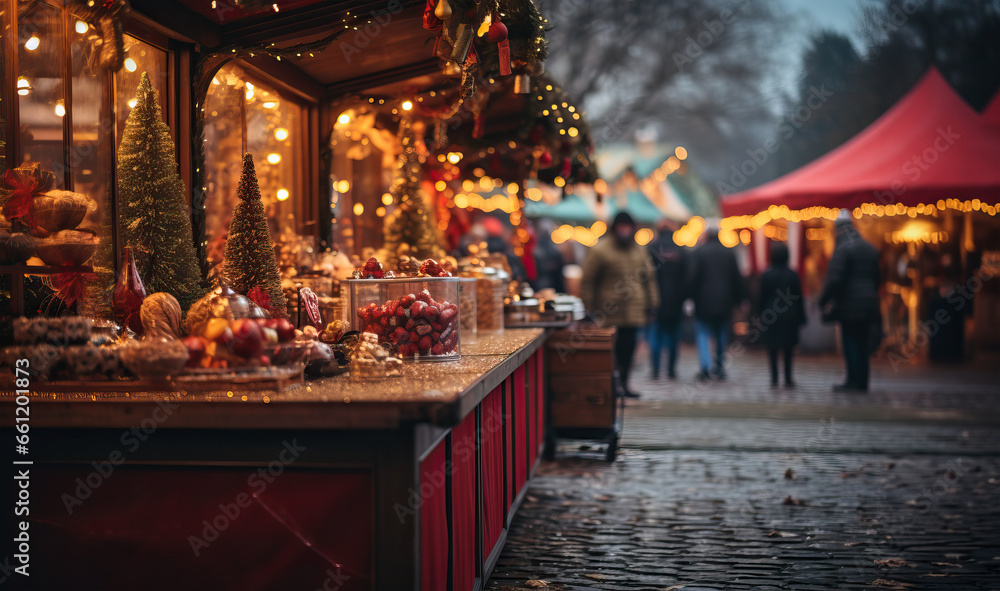 Charming Christmas Market. People Enjoying of a happy holidays in winter time
