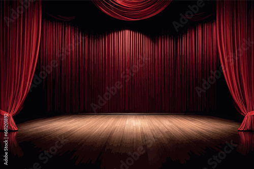 stage with red velvet stage with red velvet red theater with red curtain and wooden floor. empty stage. vector illustration photo