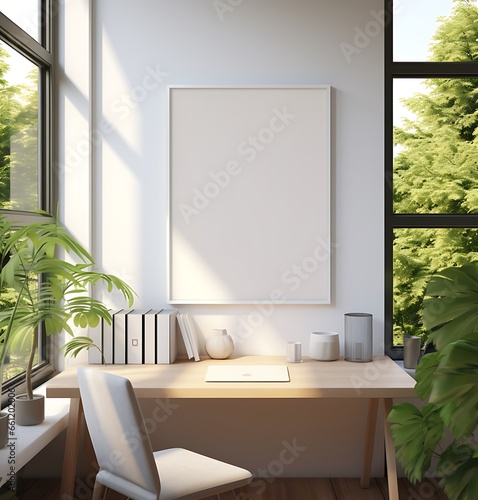 Interior of modern office with white walls  wooden floor  beige computer tables with white chairs and vertical mock up poster frame. 3d rendering