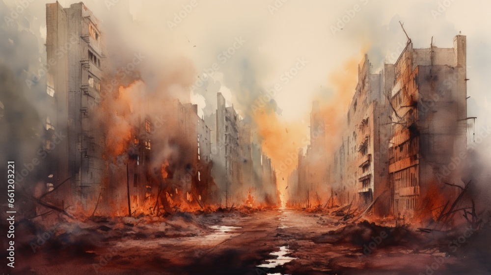 City destroyed by war, burning buildings in ruins, debris and rubble filled streets, smoke and dust fills the air, unimaginable suffering and despair. City destroyed by war, burning buildings in ruins, debris and rubble filled streets, smoke and dust fills the air, unimaginable suffering and despair.