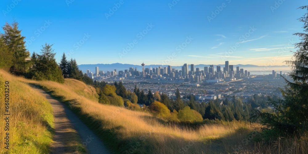 Sweeping view of city skyline from a hiking trail