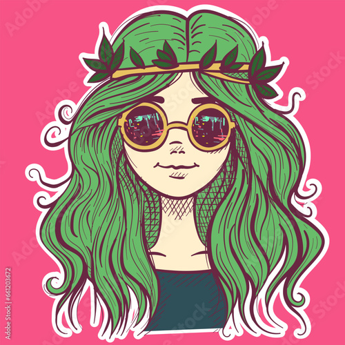 Bohemian illustration of a hippie girl with green hair and sunglasses. Funky psychedelic woman face wearing leaves on her hair