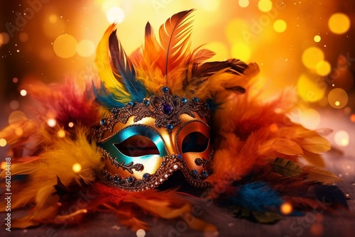 Colorful carnival mask with feather on golden lights background. Generative AI