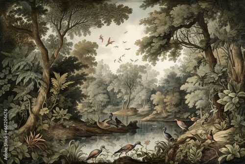 Antique scene: woodland backdrop displaying lake, vegetation, trees, avians, flamingos, moths, bugs, and butterflies. Generative AI