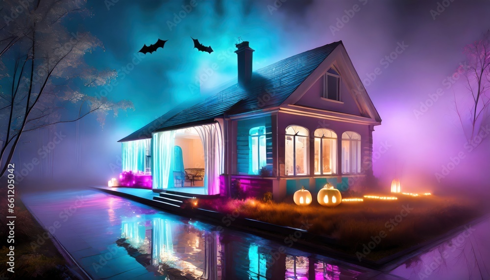 House, fog, photo, a multicolored light show, in the style of gauzy atmospheric landscapes. Halloween background. - obrazy, fototapety, plakaty 