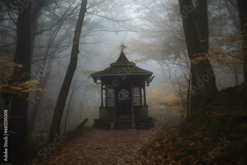 Eerie and spooky shrine hidden in the misty woods. Generative AI