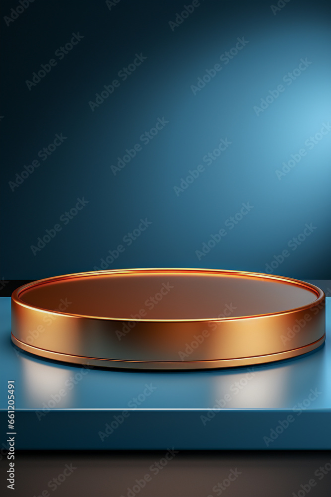 3D golden blue round podium stand. Pedestal for product presentation on clean background. Vertical poster 3D golden blue round podium stand. Pedestal for product presentation on clean background. Vertical poster
