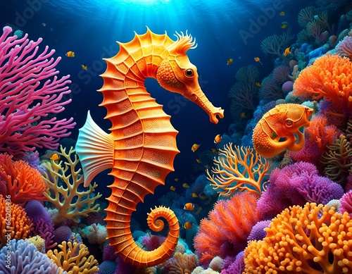 Seahorse swimming in the clear waters of a coral reef.