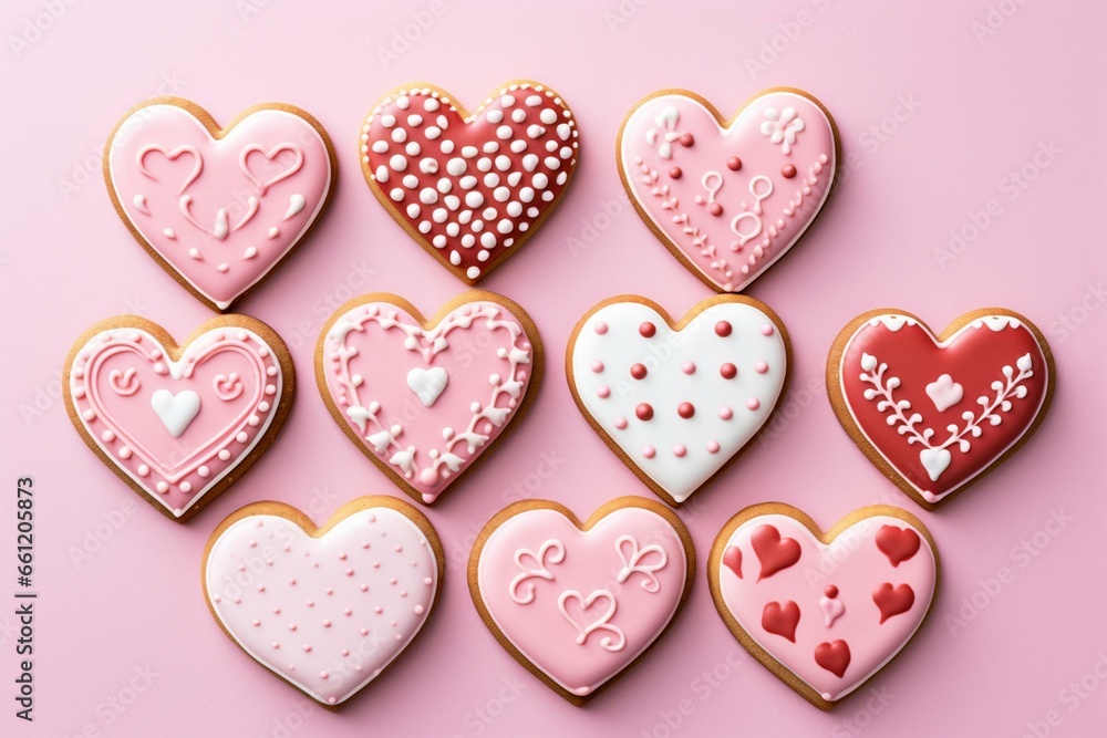 Several heart motif cookies gathered on a table, arranged closely together, against a pink background. Generative AI