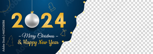 Merry Christmas and Happy New Year vector banner. Realistic rose gold and blue baubles, snowflakes hanging on dark blue background with realistic garland. Background gold Christmas icon