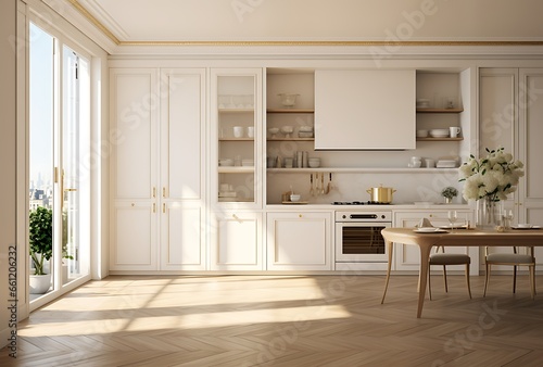 Interior of modern kitchen with white walls  wooden floor  white cupboards and built in cooker. 3d rendering