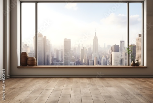 Empty room with window and city view. Mock up, 3D Rendering