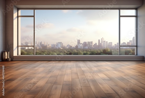 Empty room with wooden floor and city view. 3D Rendering