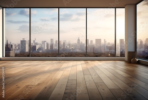 Empty room with panoramic window and city view. 3D Rendering