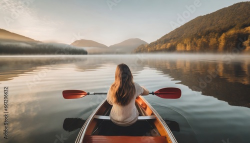 Canoe on a calm lake at sunrise, tranquil, peaceful, 1-200 shutter speed, soft morning light 