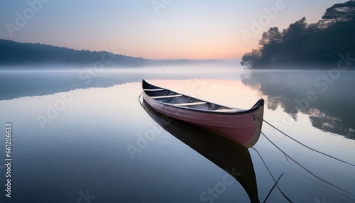 Canoe on a calm lake at sunrise, tranquil, peaceful, 1-200 shutter speed, soft morning light  © fitpinkcat84
