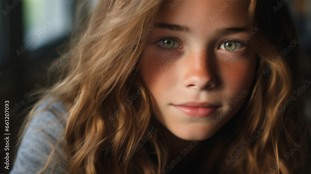 Closeup studio portrait of a young female teen model with brown hair and a sunny complexion. Slight smile.