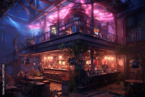 Illuminated by pink and blue lights, a smoky vacant rock music venue with a steampunk backdrop. Sci-fi and cyberpunk vibes. Generative AI