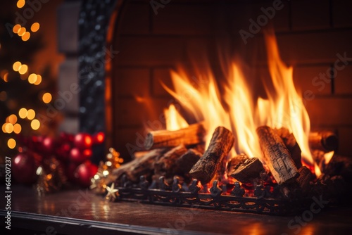 Christmas Fireplace with Blurred Lights Background