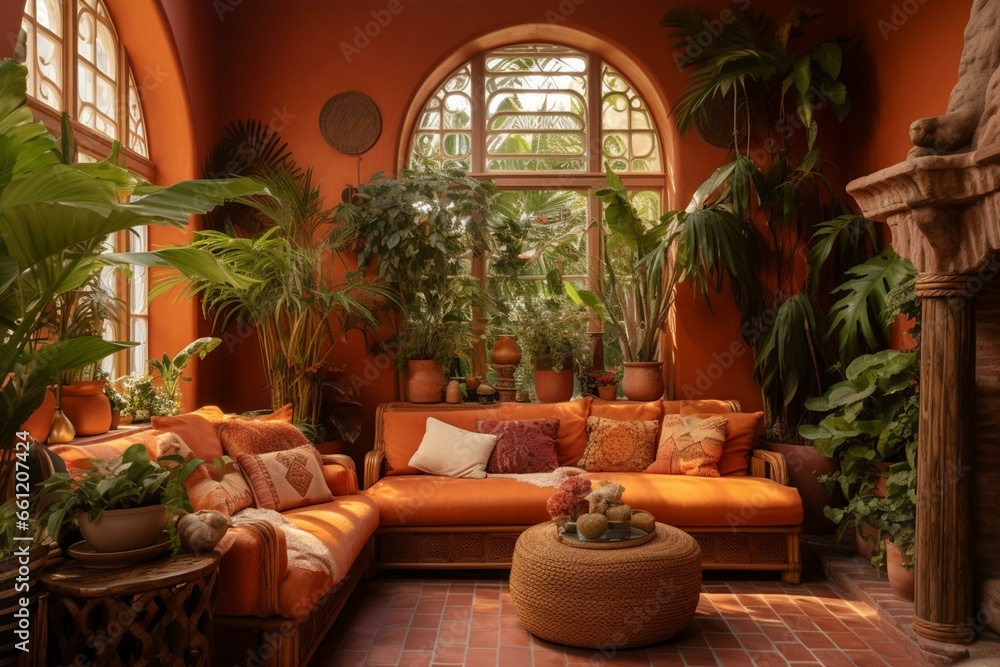 Terracotta colored interior adorned with plants. Generative AI