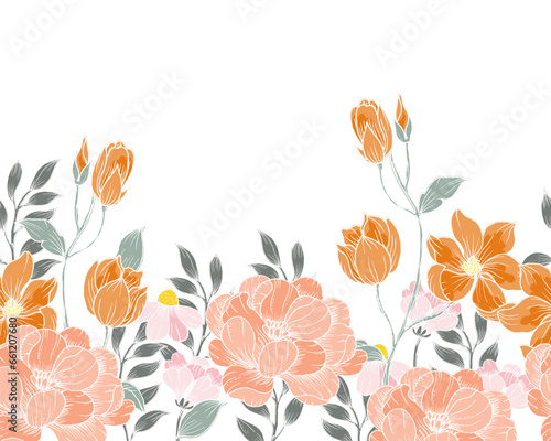 Hand Drawn Rose and Magnolia Flower Seamless Background © Choirun Nisa