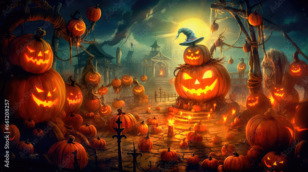 Naklejka premium An abandoned scary house next to a cemetery in a forest with pumpkins, a full moon, bats and fog. Pumpkins In The Cemetery On A Creepy Night, on a Halloween background. Generative AI