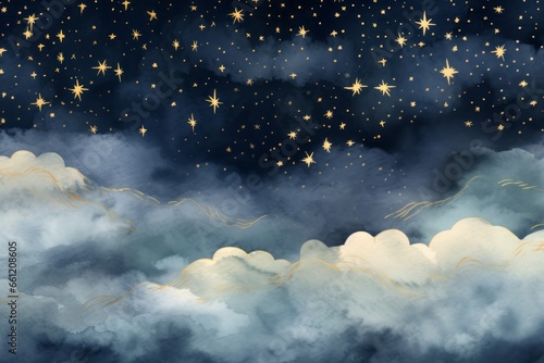 Night sky. Clouds and gold stars.