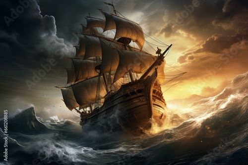 An ancient pirate ship navigating stormy seas. Generative AI