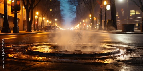 Vapor rising from a steaming manhole in the city, illuminated by the glow of streetlights , concept of Ambient urban haze photo