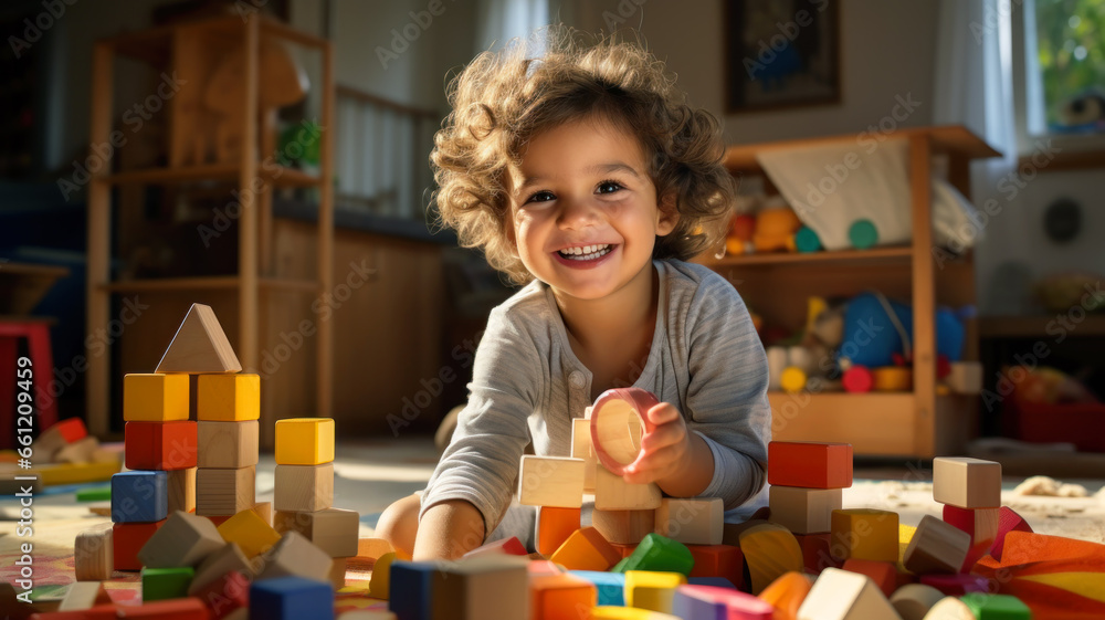 Happy child plays with colored toy blocks, preschool kid or toddler boy in playroom.